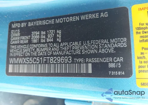 2015 Mini Hardtop Cooper z USA, uszkodzony, nr VIN WMWXS5C51FT829693